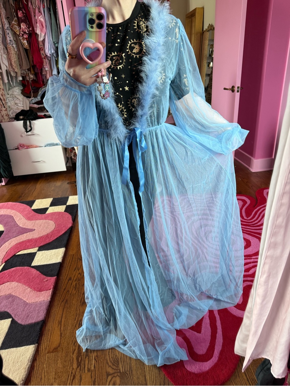 Sugar Thrillz Powder Blue Sheer Feather-Trim Maxi Robe Duster NWT XL/XXL